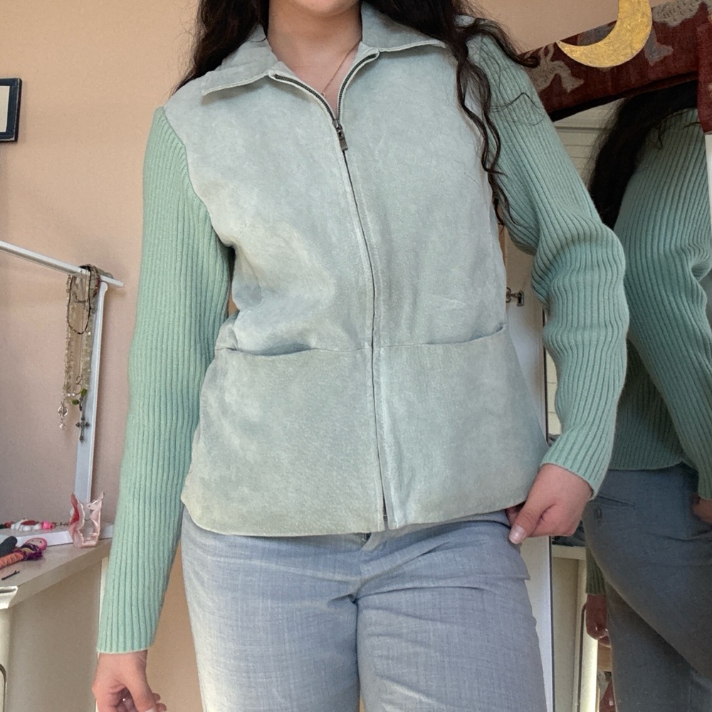 Mint Green suede Vintage-Style Zip Up
Jacket